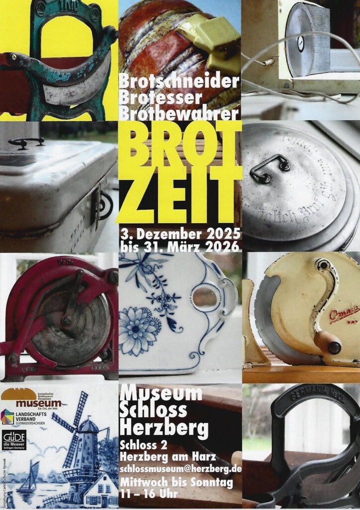 Ausstellungsplakat – eine Collage aus Vintage-Brotmaschinen und Brotdosen