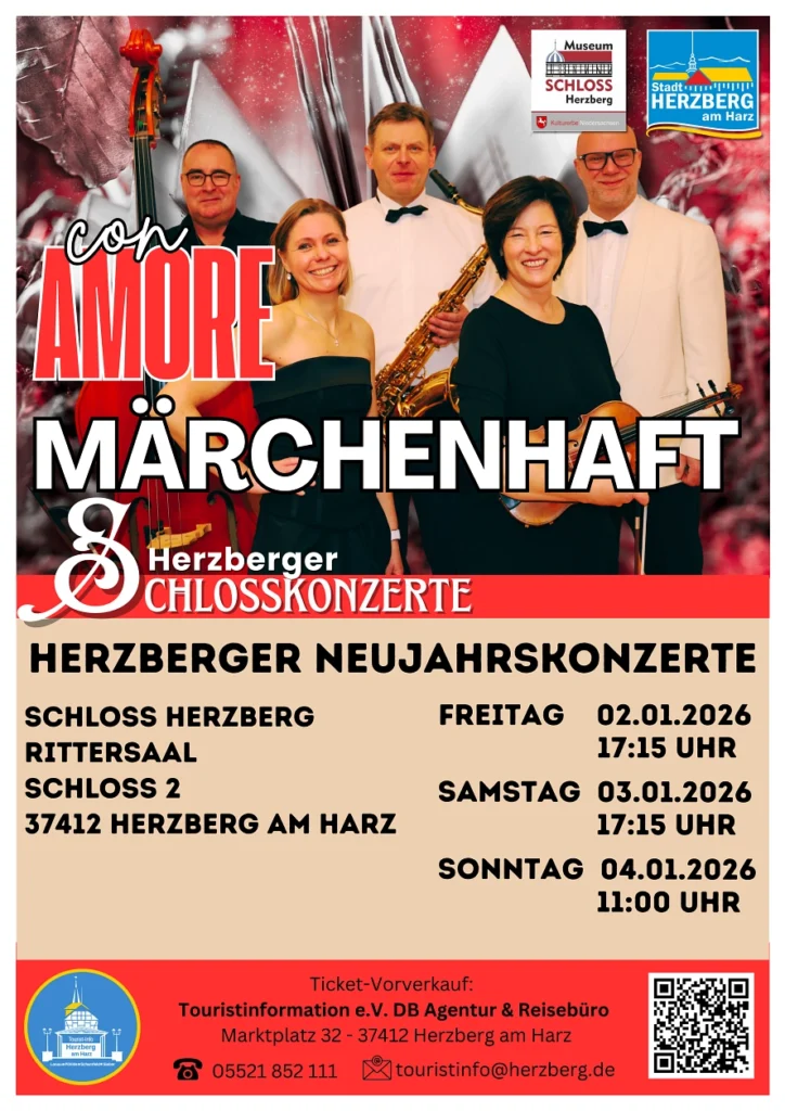 Flyer von con amore für die Neujahrskonzerte im Rittersaal von Schloss Herzberg