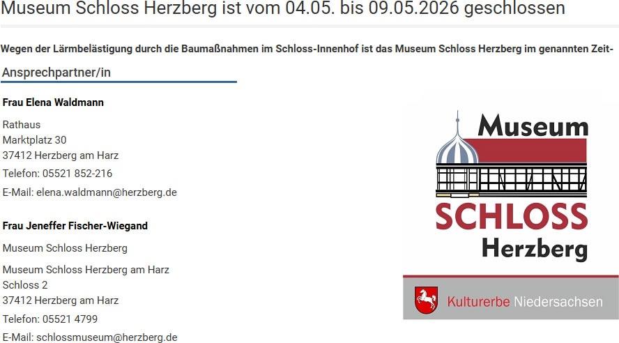 Museum Schloss Herzberg ist vom 04.05. bis 09.05.2026 geschlossen