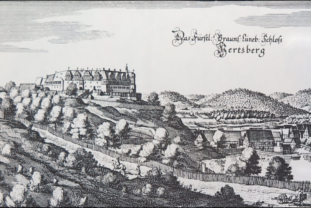 Schloss Herzberg als Merian-Kupferstich von 1654 (Ausschnitt)