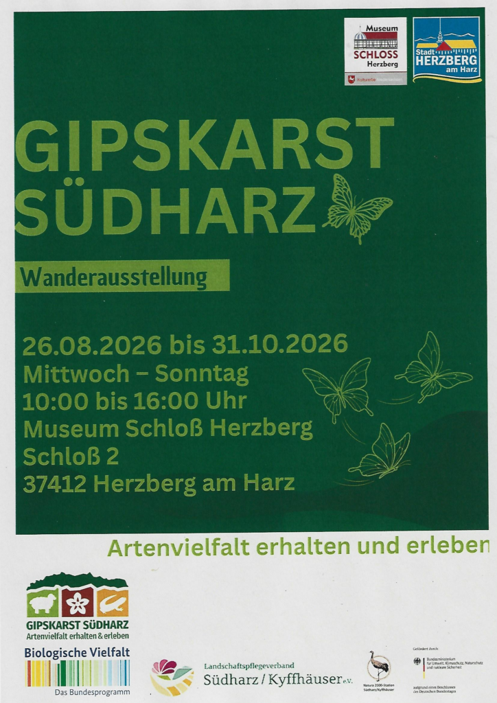 Wanderausstellung „Gipskarst Südharz“ vom 26.08.–31.10.2026 im Museum Schloss Herzberg. Artenvielfalt, Geologie und Lebensräume entdecken.
